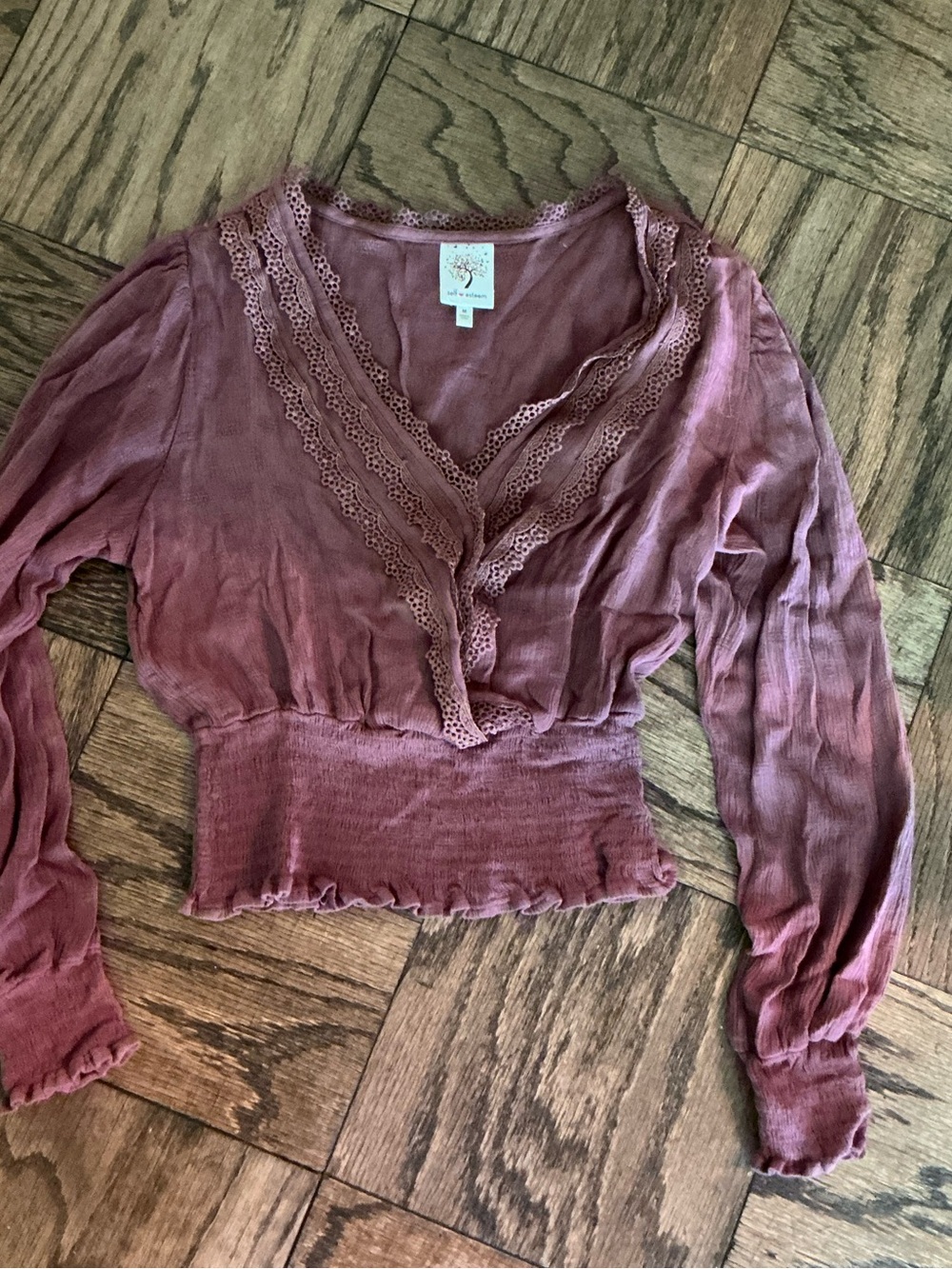 Mauve Lace-Trim Smocked Peplum Blouse